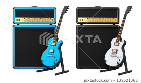 Set of amplifier with acoustic guitar isolated on white background. 135621368