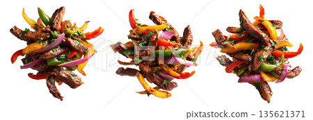 Peru Lomo Saltado stir-fried beef strips with bell peppers, onions, and fries isolated on white background, South American Cuisine Peru Lomo Saltado stir-fried beef strips with bell peppers, onions, and fries isolated on white background, South American Cuisine 135621371
