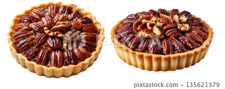 Sweet glazed pecan tart pie with golden crust and caramelized nut topping, isolated on white background, concept of dessert 135621379
