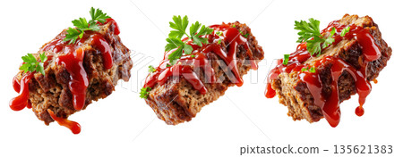 Meatloaf slice topped with ketchup and garnished with parsley, isolated on white transparent background Meatloaf slice topped with ketchup and garnished with parsley, isolated on white transparent background 135621383