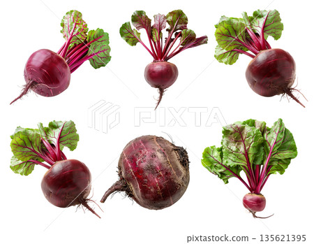 Set of Fresh red beetroot with its green leaves isolated against a white background Set of Fresh red beetroot with its green leaves isolated against a white background 135621395