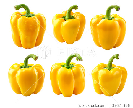 Set of Yellow bell pepper with green stem isolated on a white background Set of Yellow bell pepper with green stem isolated on a white background 135621396