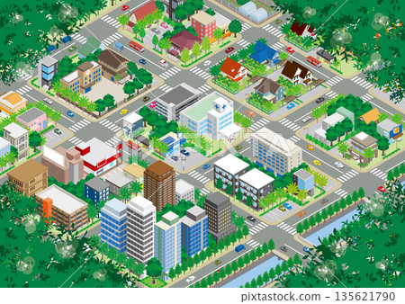 清新翠綠的城市景觀。 3D城市景觀。 135621790