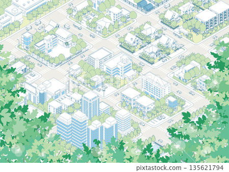 Fresh green cityscape. 3D cityscape. Fresh green cityscape. 3D cityscape. 135621794