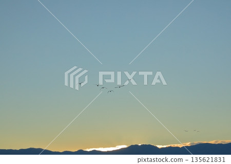 A view of the ridgeline near sunrise over Lake Hyoko in Agano A view of the ridgeline near sunrise over Lake Hyoko in Agano 135621831