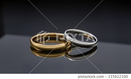 gold and silver wedding rings on black reflective surface, elegant contrast, luxury style product photo 135622100