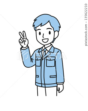 Illustration material of a man in a technical occupation wearing work clothes making a peace sign Illustration material of a man in a technical occupation wearing work clothes making a peace sign 135622210