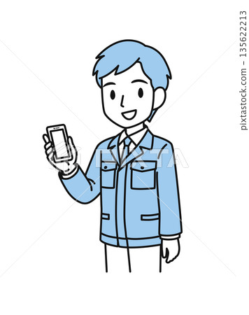 插畫素材：一名身穿工作服、從事技術工作的男子手持智慧型手機 135622213