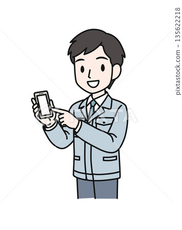 插畫素材:一名身穿工作服的男性技術人員正指著一部智慧型手機 插畫素材:一名身穿工作服的男性技術人員正指著一部智慧型手機 135622218