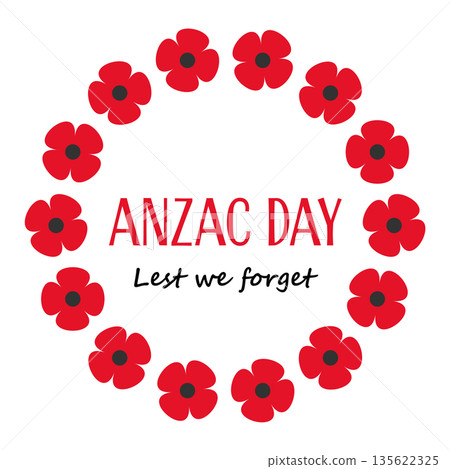 Anzac Day greeting card with red poppy flowers wreath and Lest we forget text on white background. Memorial day vector illustration. Anzac Day greeting card with red poppy flowers wreath and Lest we forget text on white background. Memorial day vector illustration. 135622325