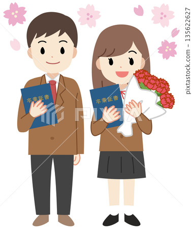 Illustration of male and female students with diplomas attending a graduation ceremony 135622627