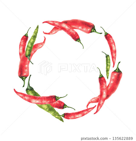 Watercolor hot chilli pepper circle frame. Green and red whole vegetable wreath Hand drawn realistic illustrations Organic cayenne seasoning spice for food for menu, label. Isolated from background Watercolor hot chilli pepper circle frame. Green and red whole vegetable wreath Hand drawn realistic illustrations Organic cayenne seasoning spice for food for menu, label. Isolated from background 135622889