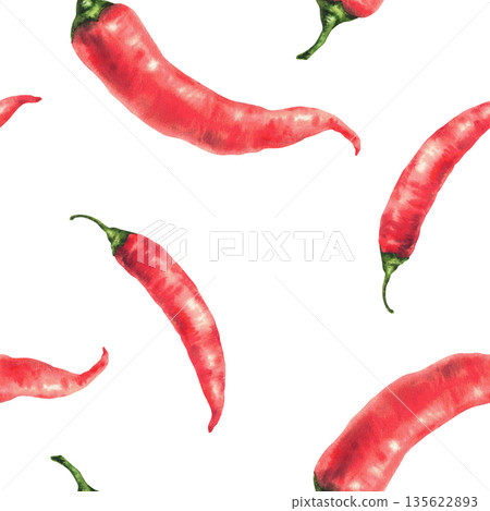Watercolor chili pepper seamless pattern. Red whole vegetables pods with green stem. Hot spice realistic painting seasoning for food, kitchen fabric design print Isolated from background illustration. Watercolor chili pepper seamless pattern. Red whole vegetables pods with green stem. Hot spice realistic painting seasoning for food, kitchen fabric design print Isolated from background illustration. 135622893