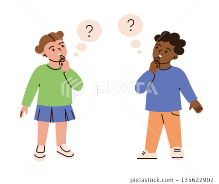 Boy and girl thinking with question mark symbol, uncertainty and decision making theme. Flat cartoon vector illustration for education, learning, problem solvings, school materials, presentations 135622902
