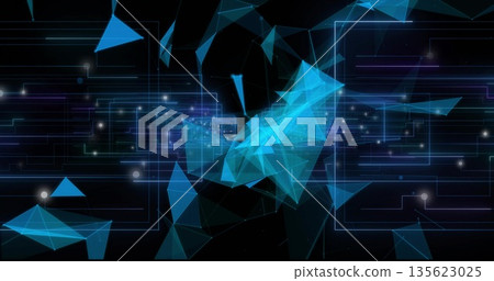 Floating blue triangular facets forming network pathways in dark void, with glowing nodes Floating blue triangular facets forming network pathways in dark void, with glowing nodes 135623025