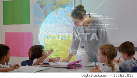 Leaning teacher guiding students writing at table in school classroom, with notebooks and world map Leaning teacher guiding students writing at table in school classroom, with notebooks and world map 135623032