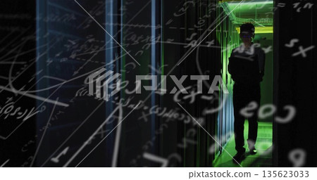 Korean engineer carrying laptop walking through server room, with racks, green LEDs, floating math Korean engineer carrying laptop walking through server room, with racks, green LEDs, floating math 135623033