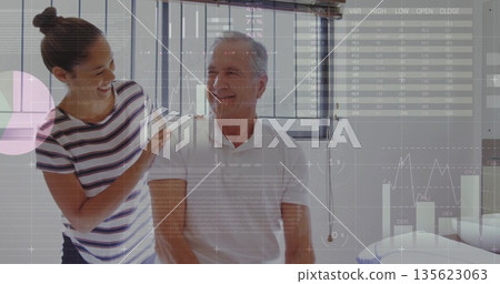 Exchanging warm smiles female therapist and senior male patient in treatment room, therapy bench 135623063