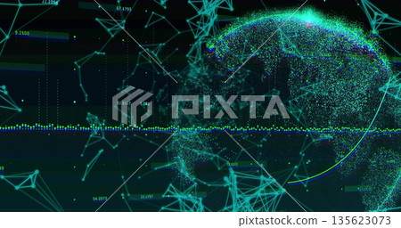 Glowing network globe floating in virtual space, with nodes and horizontal data stream, copy space Glowing network globe floating in virtual space, with nodes and horizontal data stream, copy space 135623073