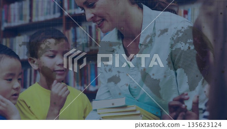 Female teacher wearing shirt offering books in library, with child holding book beside bookshelves 135623124