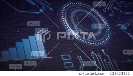High-tech dashboard displaying data on grid with bar chart, numeric badges and HUD, copy space 135623131