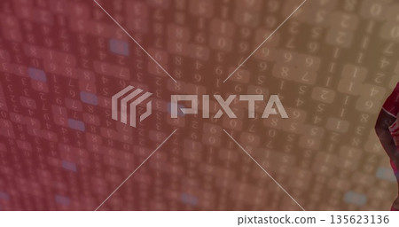 Streaming translucent numeric digits cascading across red digital grid, forming code background 135623136