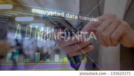 Hands in grey jacket sleeves tapping smartphone screen in office, with encrypted data overlay Hands in grey jacket sleeves tapping smartphone screen in office, with encrypted data overlay 135623171