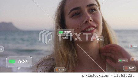 Standing female wearing crochet top gazing at sunset beach, with digital comment and heart icons Standing female wearing crochet top gazing at sunset beach, with digital comment and heart icons 135623223