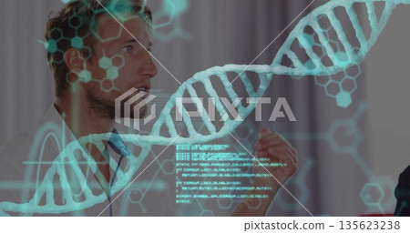 Gesturing researcher in shirt interacting with DNA, chemical diagrams and code in lab, copy space Gesturing researcher in shirt interacting with DNA, chemical diagrams and code in lab, copy space 135623238