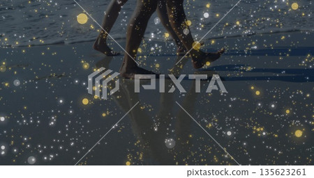 Walking couple's lower legs and feet making reflections on sandy shoreline, with waves and sparkles Walking couple's lower legs and feet making reflections on sandy shoreline, with waves and sparkles 135623261