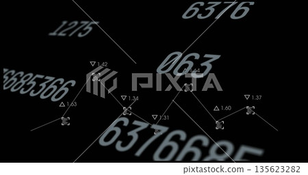 Displaying white line graph on dark canvas with trend markers, numeric labels, numbers, copy space 135623282