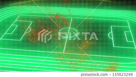 Displaying neon green soccer pitch outlines in digital field with track lanes and particle clusters Displaying neon green soccer pitch outlines in digital field with track lanes and particle clusters 135623299