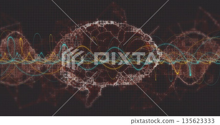 Displaying node-and-edge network glowing over dark grid, with colorful sine-wave lines and dots Displaying node-and-edge network glowing over dark grid, with colorful sine-wave lines and dots 135623333