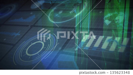 Projecting holographic circular reticle in command center showing panels, grid floor and world map Projecting holographic circular reticle in command center showing panels, grid floor and world map 135623348