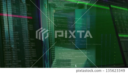 Floating code panels displaying JavaScript modules in virtual data center, with wireframe racks Floating code panels displaying JavaScript modules in virtual data center, with wireframe racks 135623349