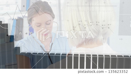 Using stethoscope nurse wearing scrubs checking older woman chest in clinic room, with exam chair Using stethoscope nurse wearing scrubs checking older woman chest in clinic room, with exam chair 135623352