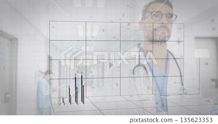 Doctor in coat examining 3D data overlay in hospital ward, with stethoscope, copy space Doctor in coat examining 3D data overlay in hospital ward, with stethoscope, copy space 135623353