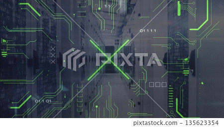 Extending central server rack corridor lining data center hall with blinking LEDs, green overlay 135623354