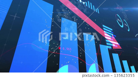 Displaying dashboard showing blue bars with pink trend line on financial interface, with gauges Displaying dashboard showing blue bars with pink trend line on financial interface, with gauges 135623355