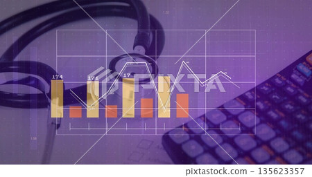 Displaying stethoscope chestpiece lying on white desk, with calculator and chart and graph overlays Displaying stethoscope chestpiece lying on white desk, with calculator and chart and graph overlays 135623357
