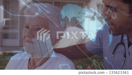 Doctor in scrubs examining elderly patient on porch, with stethoscope, digital overlays, copy space Doctor in scrubs examining elderly patient on porch, with stethoscope, digital overlays, copy space 135623361