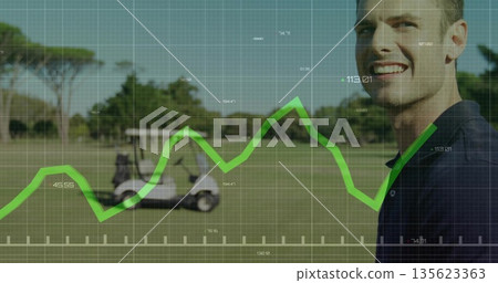 Smiling golfer in polo shirt standing on fairway, with white golf cart, chart overlay, copy space Smiling golfer in polo shirt standing on fairway, with white golf cart, chart overlay, copy space 135623363