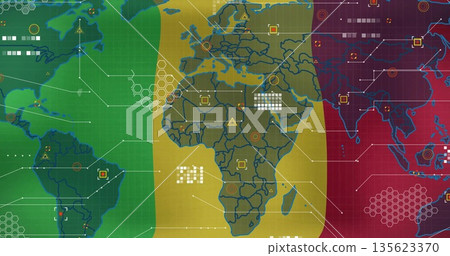 Displaying world map segmented into tricolor bands on console, with hex grid, data nodes and arrows Displaying world map segmented into tricolor bands on console, with hex grid, data nodes and arrows 135623370