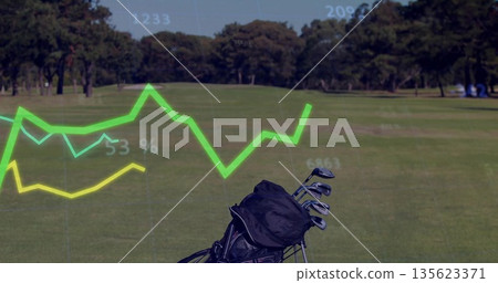 Resting black golf bag holding metal clubs on fairway, showing digital data overlays, copy space Resting black golf bag holding metal clubs on fairway, showing digital data overlays, copy space 135623371