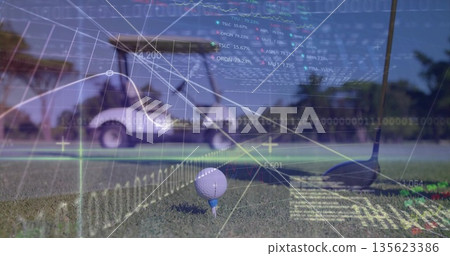 Showing golf ball sitting on tee at golf course, with club head, white cart, financial overlays Showing golf ball sitting on tee at golf course, with club head, white cart, financial overlays 135623386