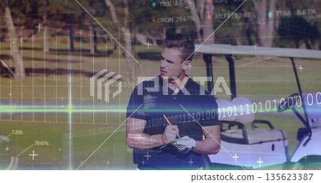 Male golfer writing on scorecard with pencil on sunlit fairway, white golf cart and binary overlay 135623387