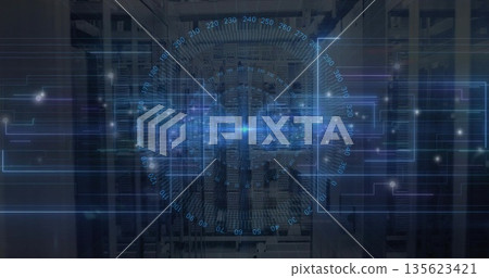 Rotating holographic circular interface showing data flows in data center with racks and cables 135623421