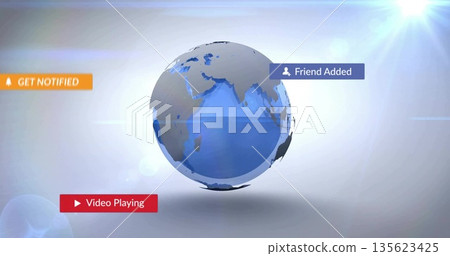 Rotating 3D globe floating in digital interface, with UI notification panels and lens flare Rotating 3D globe floating in digital interface, with UI notification panels and lens flare 135623425