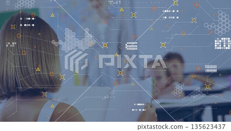 Teaching female teacher holding tablet front of classroom, with holographic overlays, copy space Teaching female teacher holding tablet front of classroom, with holographic overlays, copy space 135623437