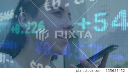 Speaking woman in casual top holding smartphone near mouth in office, with financial data overlays Speaking woman in casual top holding smartphone near mouth in office, with financial data overlays 135623452